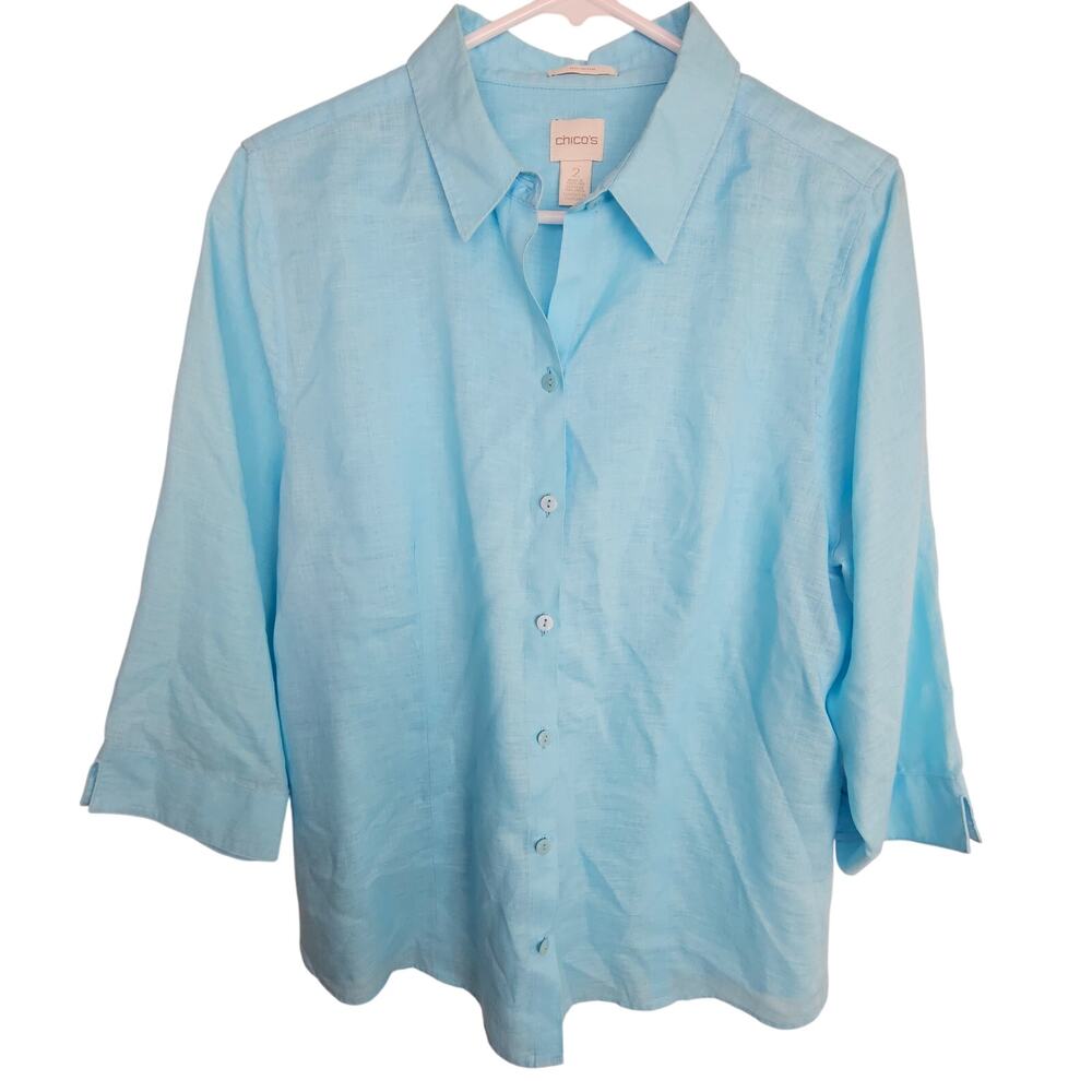 Chicos Womens 100% Linen Shirt Sz L Coastal Grandma Lagenlook Resortwear Travel